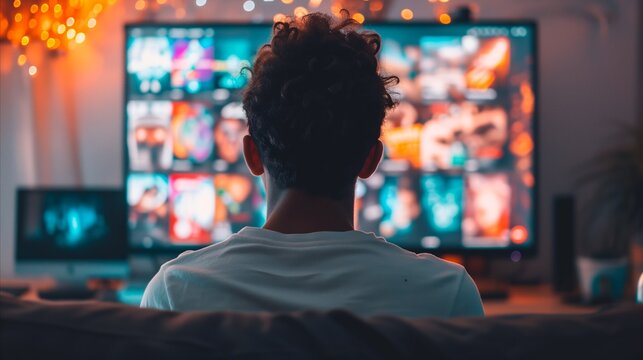 Young man relaxing at home watching movies on a large screen tv