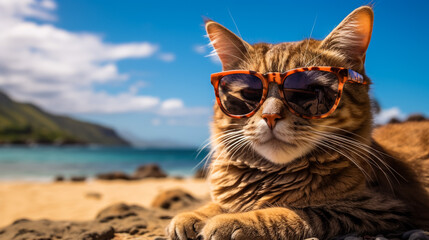 funny cat in round sunglasses close-up