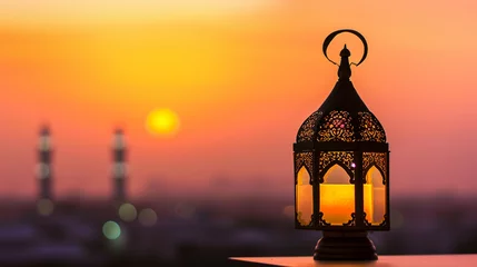 Fotobehang Ramadan, Muslim. Holy month.  Date. Mosque view. Prayer. Fast. city ​​lights accompanied by oil lamps. © Hazal