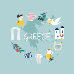 Fototapeten Colorful image, frame art with landmarks, symbols of Greece © danceyourlife