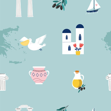 Seamless pattern with landmarks and symbols of Greece