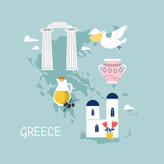 Colorful image, frame art with landmarks, symbols of Greece - obrazy, fototapety, plakaty