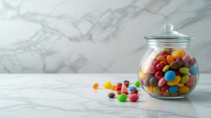 Colorful Candy Assortment in Glass Jar on Marble Surface. Generative AI.
