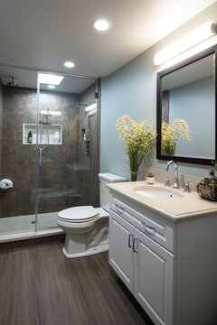 Modern bathroom with blue walls and white vanity