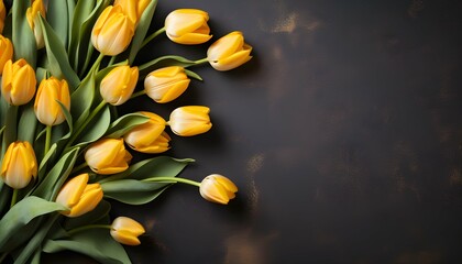 Schwarzer Hintergrundbild mit gelben Tulpen zum Muttertag / Valentinstag  - obrazy, fototapety, plakaty