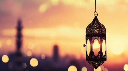 Ramadan, Muslim. Holy month.  Date. Mosque view. Prayer. Fast. city ​​lights accompanied by oil lamps