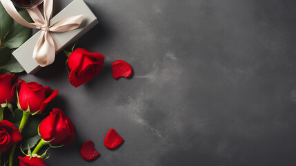 Flat lay composition with beautiful red roses and gift boxes on grey background. Valentine's Day celebration