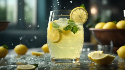 A cup of fresh iced lemon juice with mint and lemon pieces, a healthy drink - obrazy, fototapety, plakaty