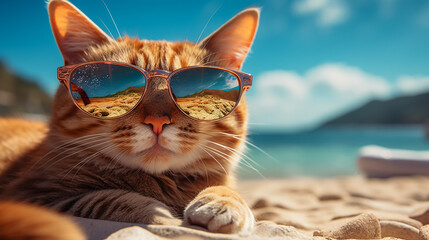 Closeup portrait of funny adorable cat wearing sunglasses isolated on light cyan. Cute funny kitten wearing sunglasses and posing in front of the camera. Relaxed domestic cat at home, indoor. - obrazy, fototapety, plakaty