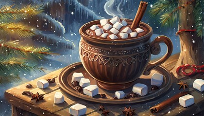 mug full of hot chocolate cocoa with marshmallows on christmas