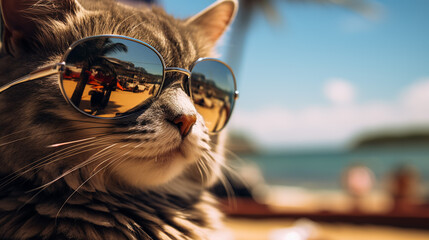 Closeup portrait of funny adorable cat wearing sunglasses isolated on light cyan. Cute funny kitten...