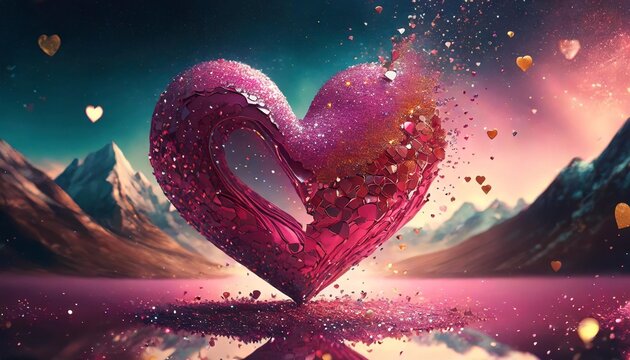Naklejki glitter heart dissolving into pieces on pink background valentines day broken heart and love emergence concept