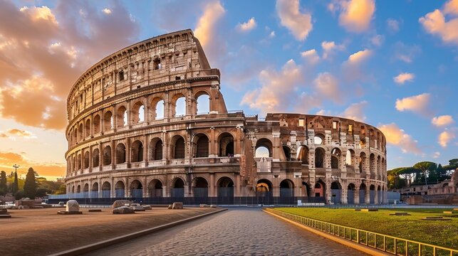 majestic roman coliseum with a beautiful blue sky with white clouds in a beautiful sunset en high definition