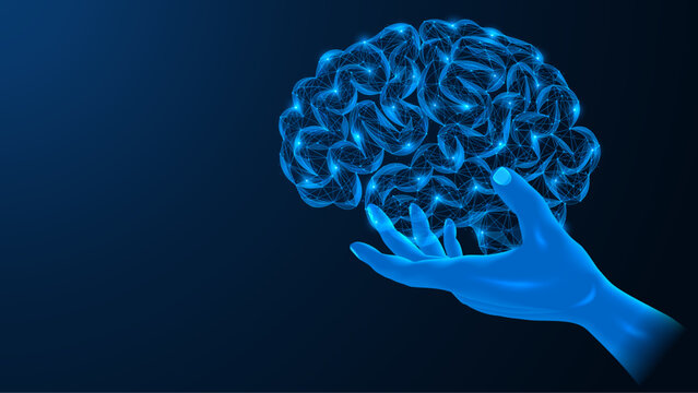 Hand holds an artificial brain. Polygonal design of lines and dots. Blue background.
