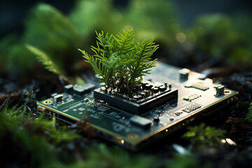 Jeune pin qui pousse dans des puces informatiques, ordinateur et concept de numérique responsable vert et croissance verte