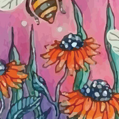Watercolors and various flowers, butterflies, strawberries, insects are beautiful