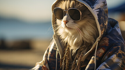 Portrait of cat wearing sunglasses lying on the beach - obrazy, fototapety, plakaty