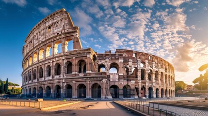 majestic roman coliseum with a beautiful blue sky with clouds - obrazy, fototapety, plakaty
