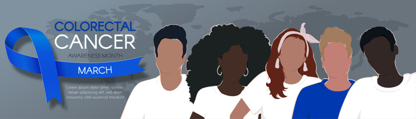 Colorectal Cancer Awareness Month. Long horizontal banner with Diverse people, blue ribbon, and map, with space for text. Vector flat illustration