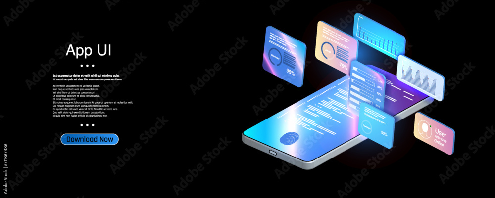 Poster innovative app ui design: a visual display of a smartphone interface with floating feature panels, h