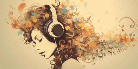 abstract illustration of a girl in headphones listening to her favorite music. music in my life - obrazy, fototapety, plakaty