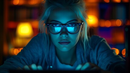 Focused woman working late night in a home office with ambient lighting