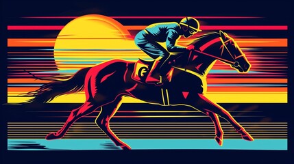 Vibrant horse race illustration with jockey riding at sunset