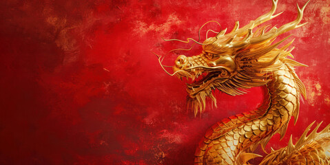Obraz premium Majestic Golden Dragon on a Crimson Background