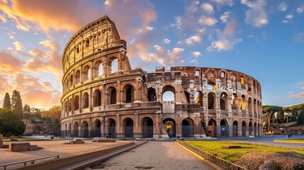 majestic roman coliseum with a beautiful blue sky with white clouds - obrazy, fototapety, plakaty