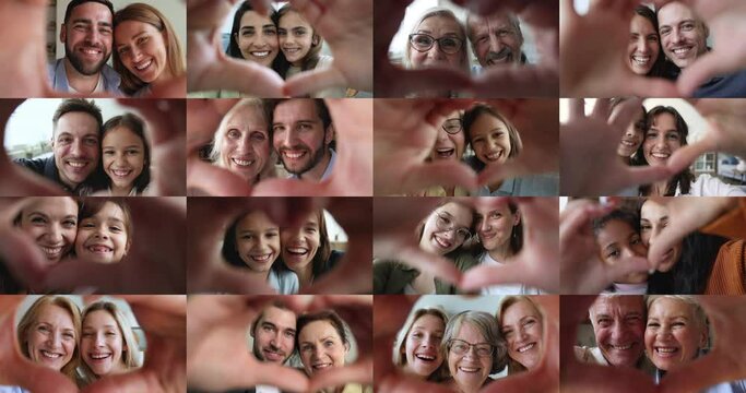 Collage of different age and race people, loving couples, family with children, celebrate Happy Family Day, express care, feel unconditional love look at camera, showing heart symbol, close up faces