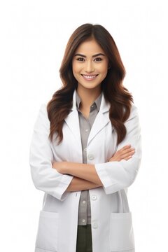 Portrait of young Asian female doctor nutritionist on white background, Closeup photo