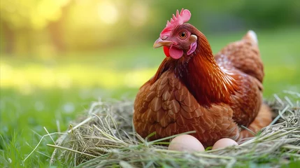 Tuinposter Free-range brown hen nesting on eggs in sunlit pasture © OKAN