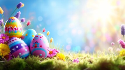 Colorful painted easter eggs surrounded by spring flowers and bright sunshine - obrazy, fototapety, plakaty