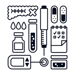 Set of vector elements on the theme of diabetes, images of equipment for measuring blood glucose levels. Black outline icons on a white background.