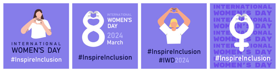 Inspire inclusion banners set for International Women's day. IWD 2024 campaign with women and hashtags on purple background. Modern flat vector illustration with number 8 and female symbol