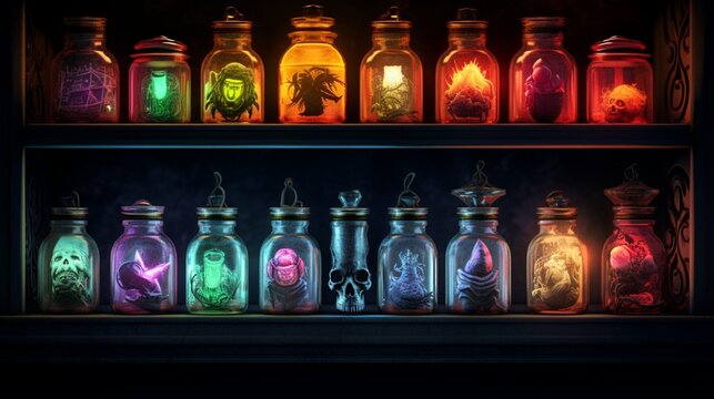 A close-up of a Halloween apothecary shelf, with intricately designed glass jars containing colorful potions, cobwebs strewn about, and small, carved skulls peeking from the shadows