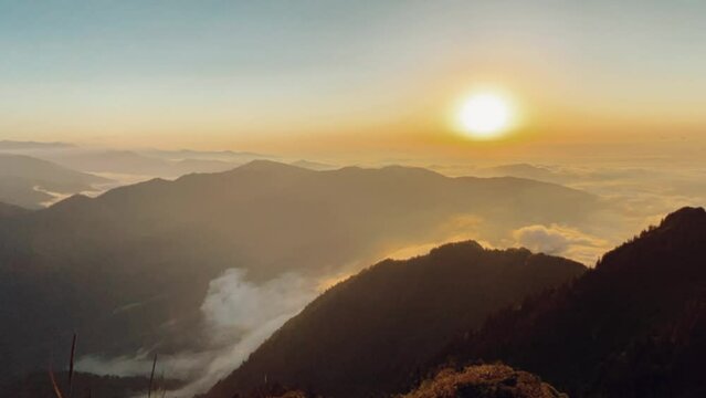 Sunset on the Aider plateau in Turkey. The mountains of the Black Sea coast of Turkey near Rize and Trabzon are the Karadeniz region. The Turkish Alps are in the clouds. 4K Video