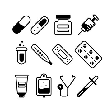 Vector set of 12 medical icons. Medical supplies image in flat style. Illustration of black icons on a white background.