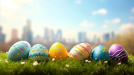 Colorful decorated easter eggs on green grass with city skyline