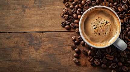 Coffee-themed backdrop with a cup of freshly brewed coffee and coffee beans.
