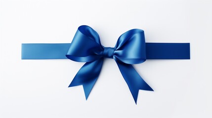 A close-up of a luxurious blue ribbon with a perfectly tied bow, set against a pure white background, highlighting the ribbon's silky texture, blue bow isolated on white background
