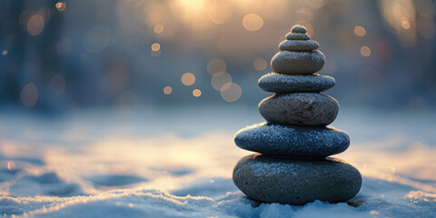 a stack of stones on a snowy field in zen style Ai generative
