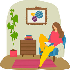 Woman reading book at home, sitting in chair, cozy room, casual clothing, indoor plant. Relaxation, leisure time, and home interior vector illustration.