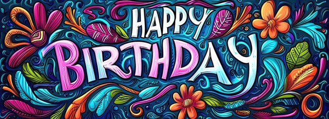 happy birthday card with colorful doodles Generative AI - obrazy, fototapety, plakaty