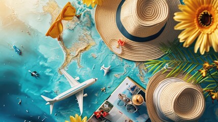 Flat lay of traveler accessories on world map background. Summer travel concept - obrazy, fototapety, plakaty