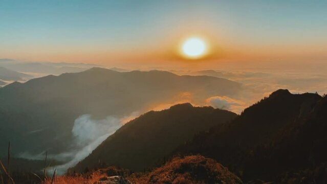 Sunset on the Aider plateau in Turkey. The mountains of the Black Sea coast of Turkey near Rize and Trabzon are the Karadeniz region. The Turkish Alps are in the clouds. 4K Video