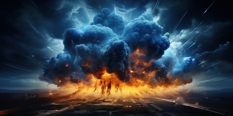 A large explosion engulfs a cityscape with a massive shockwave - obrazy, fototapety, plakaty