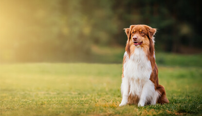 Chocolate and white australian shepherd sits on green grass in the sunlight