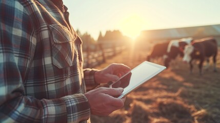 Farmer using tablet at sunrise in front of cattle on a farm - obrazy, fototapety, plakaty