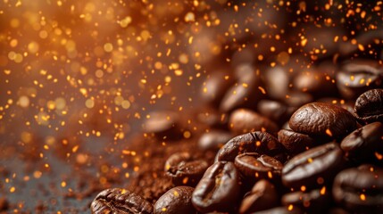 A background featuring a cup of ready-to-drink coffee adorned with coffee beans